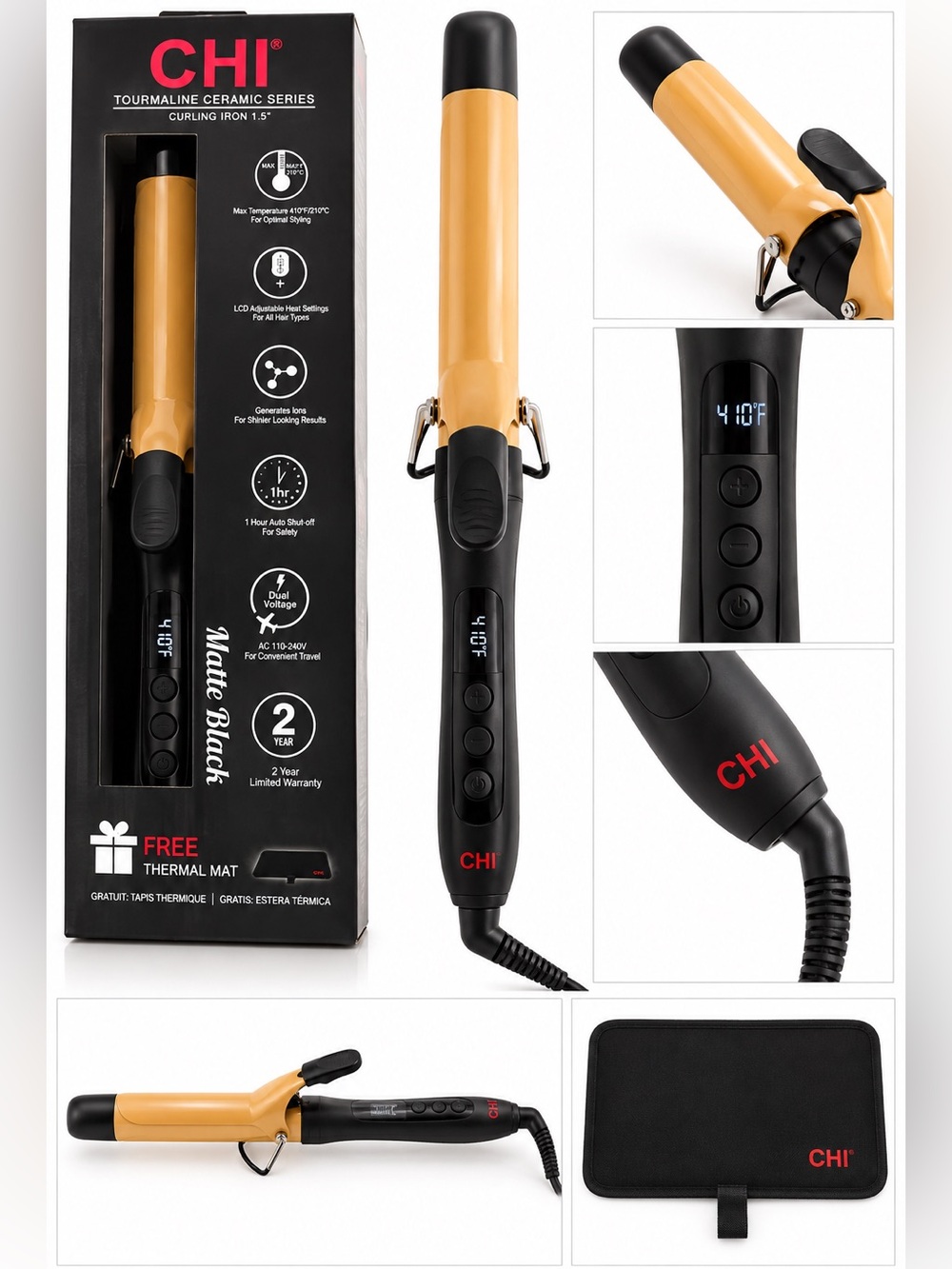 CHI 1.5” Tourmaline Ceramic Curling Iron CA1035 Digital Dual Voltage